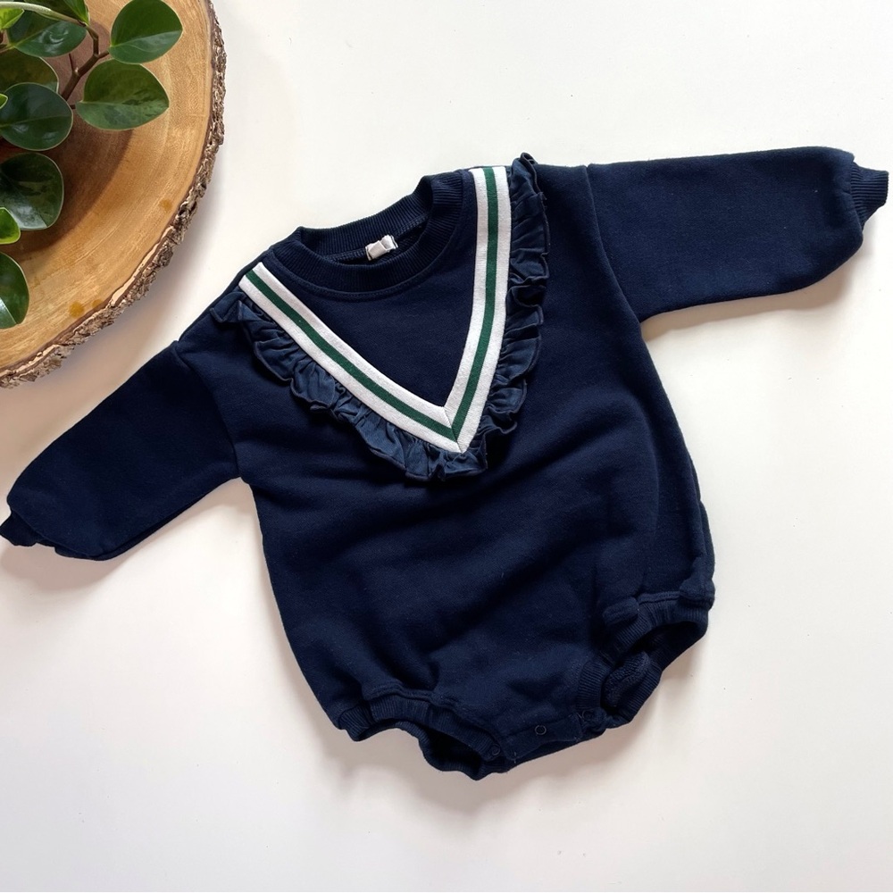 Lil Legs Navy Varsity Sweatshirt Romper | 12-18m